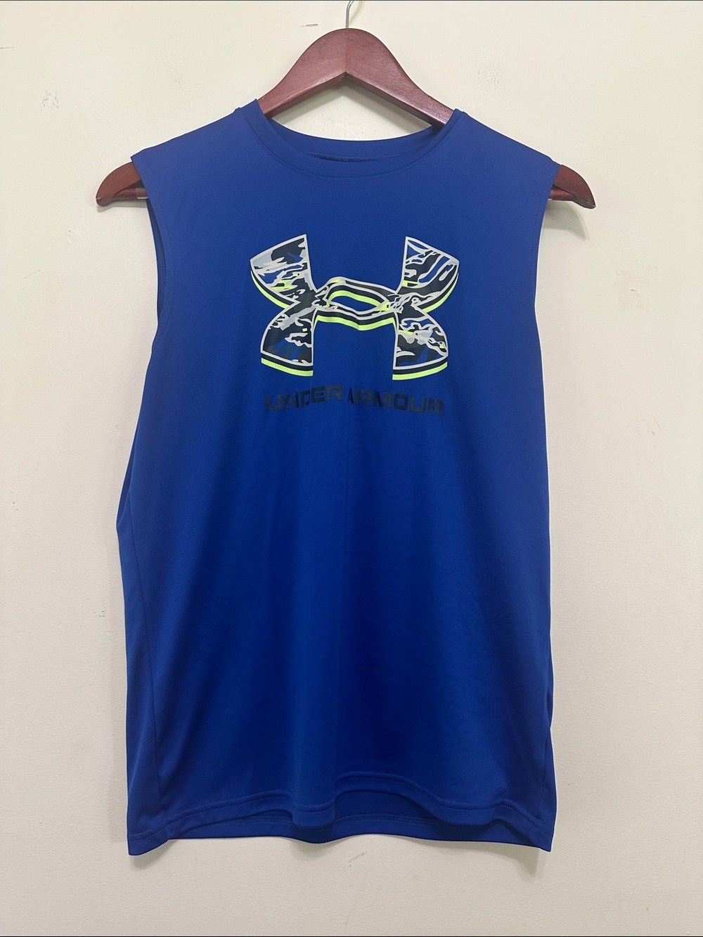 Under Armour Royal Blue Sleeveless Tank with Neon Accent Logo Youth Large